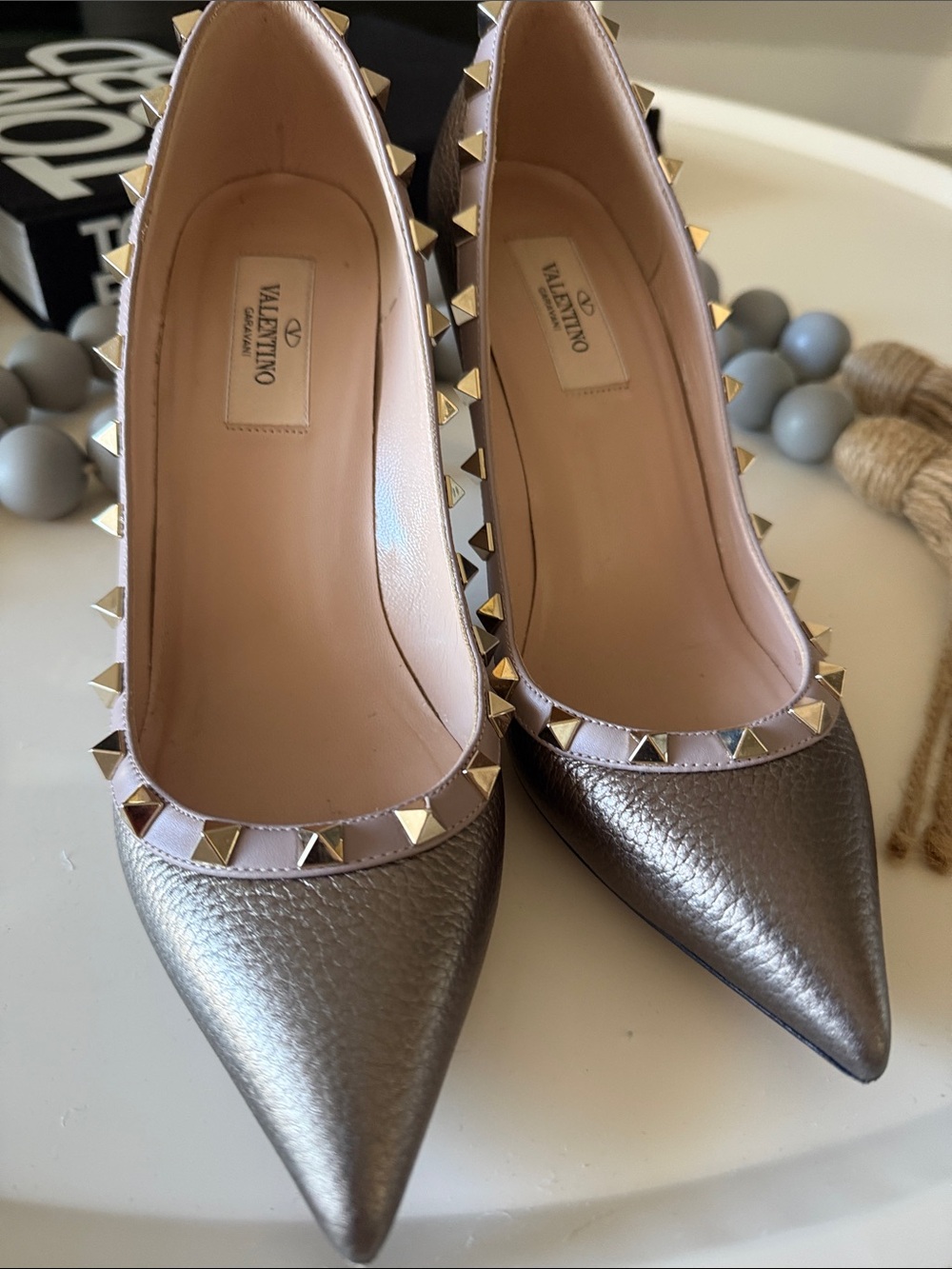 Valentino Garavani Metallic Pewter Pointed Rockstud Pumps